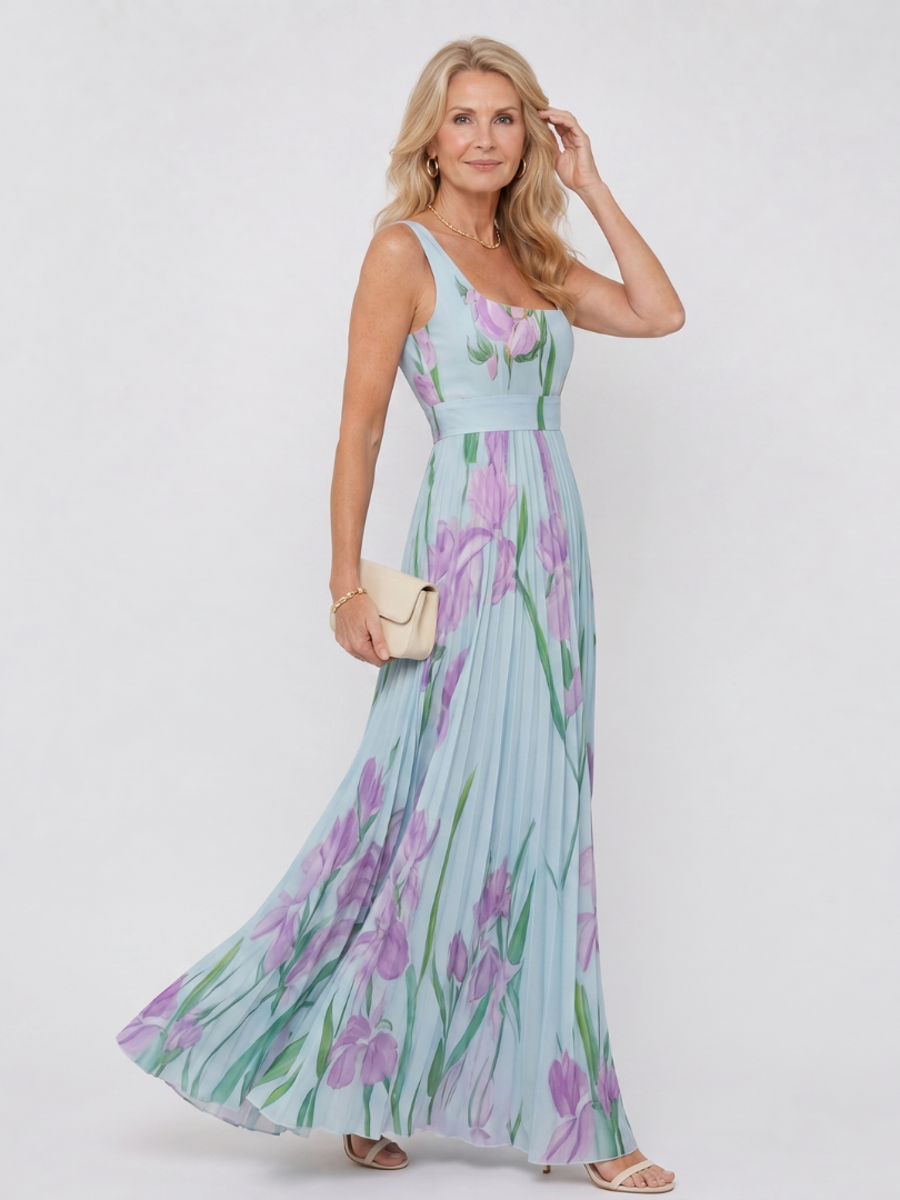 Vimele | Vestido Midi Sin Mangas con Cuello Cuadrado y Pliegues