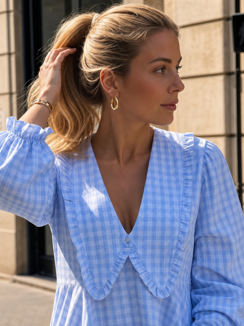 Peker | Vestido Mini con Cuello Volante y Patrón de Gingham