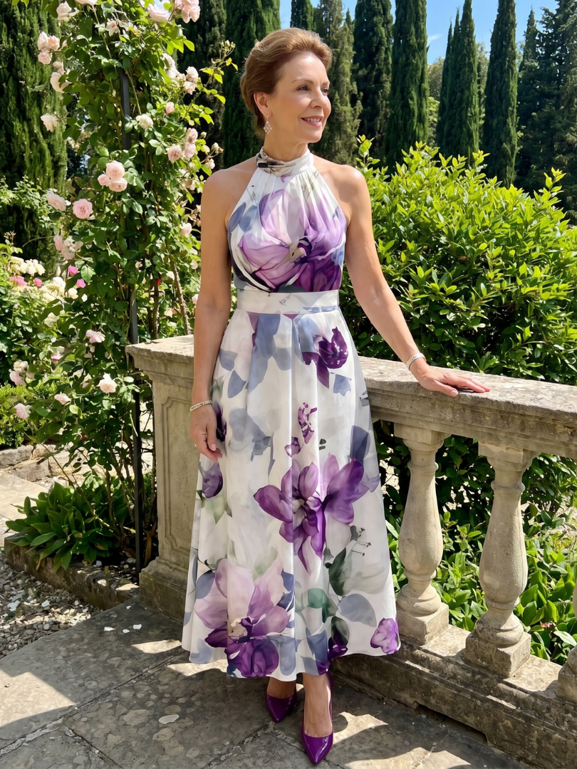 Omego | Vestido midi fluido con cuello halter de flores suaves