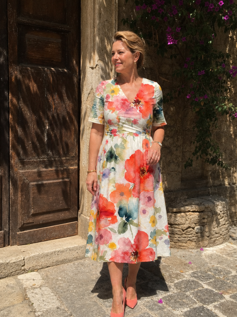 Corinne | Vestido Midi de Manga Corta con Estampado Floral