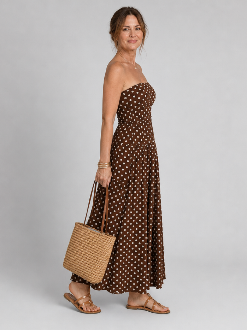 Sorien | Vestido Midi sin Tirantes con Patrón de Lunares