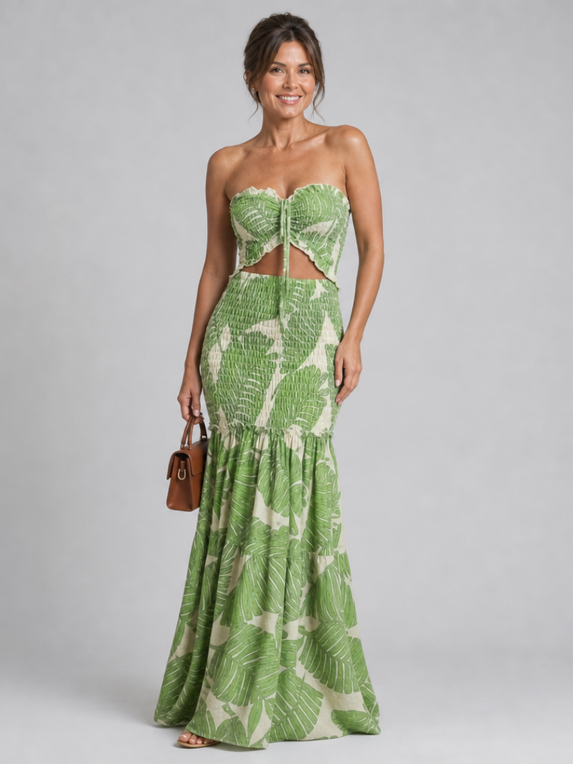 Azaria | Conjunto de vestido maxi impreso sin tirantes de dos piezas