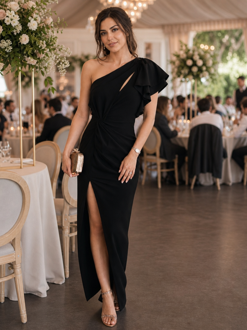 Aurette | Vestido Midi con Cuerpo Drapado de Un Hombro
