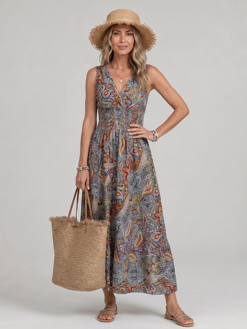 Marisela | Vestido midi sin mangas con estampado paisley