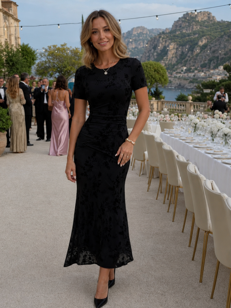 Sabella | Vestido Midi de Manga Corta y Cuello Redondo