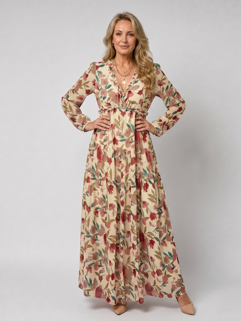 Camelo | Vestido Largo Maxi de Manga Larga con Estampado Floral