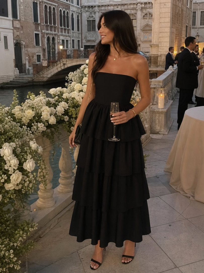 Gemma | Vestido Midi Sin Tirantes con Cuerpo Fruncido