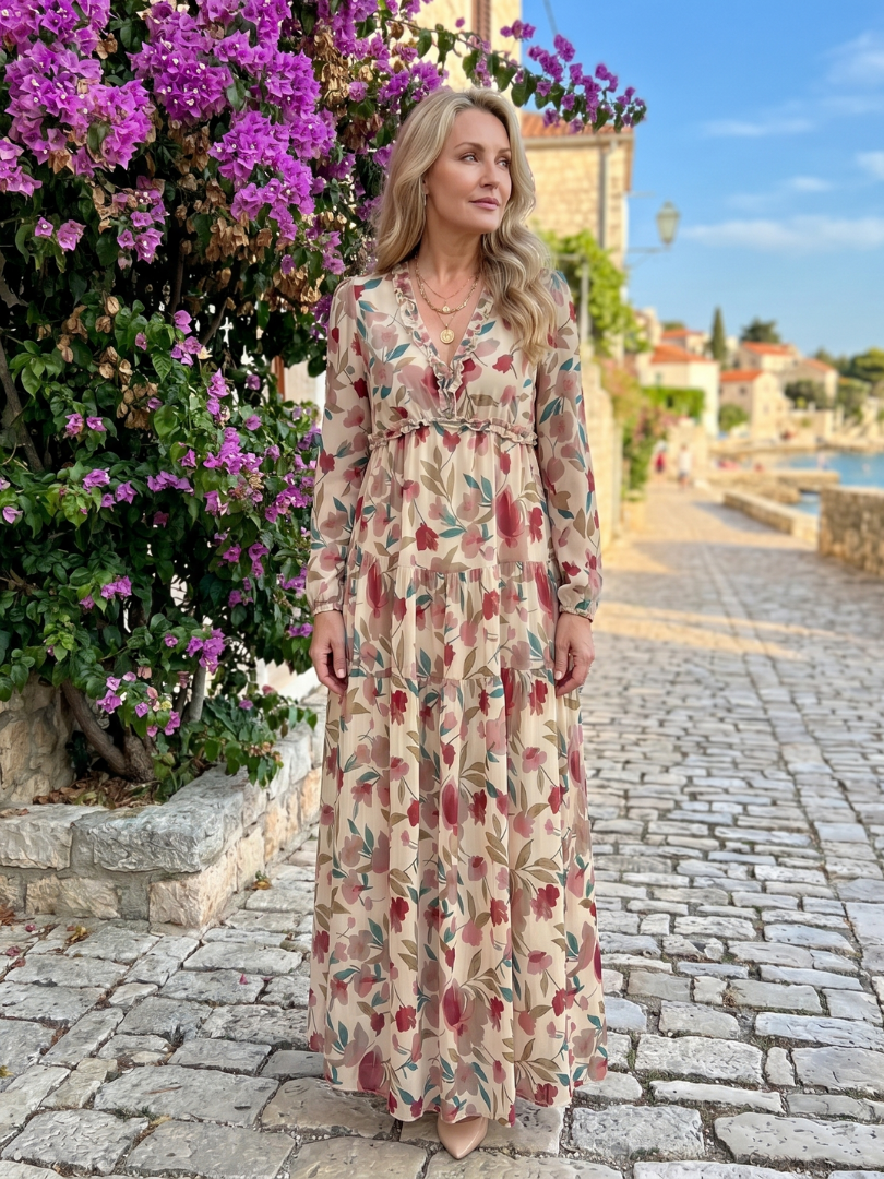 Camelo | Vestido Largo Maxi de Manga Larga con Estampado Floral