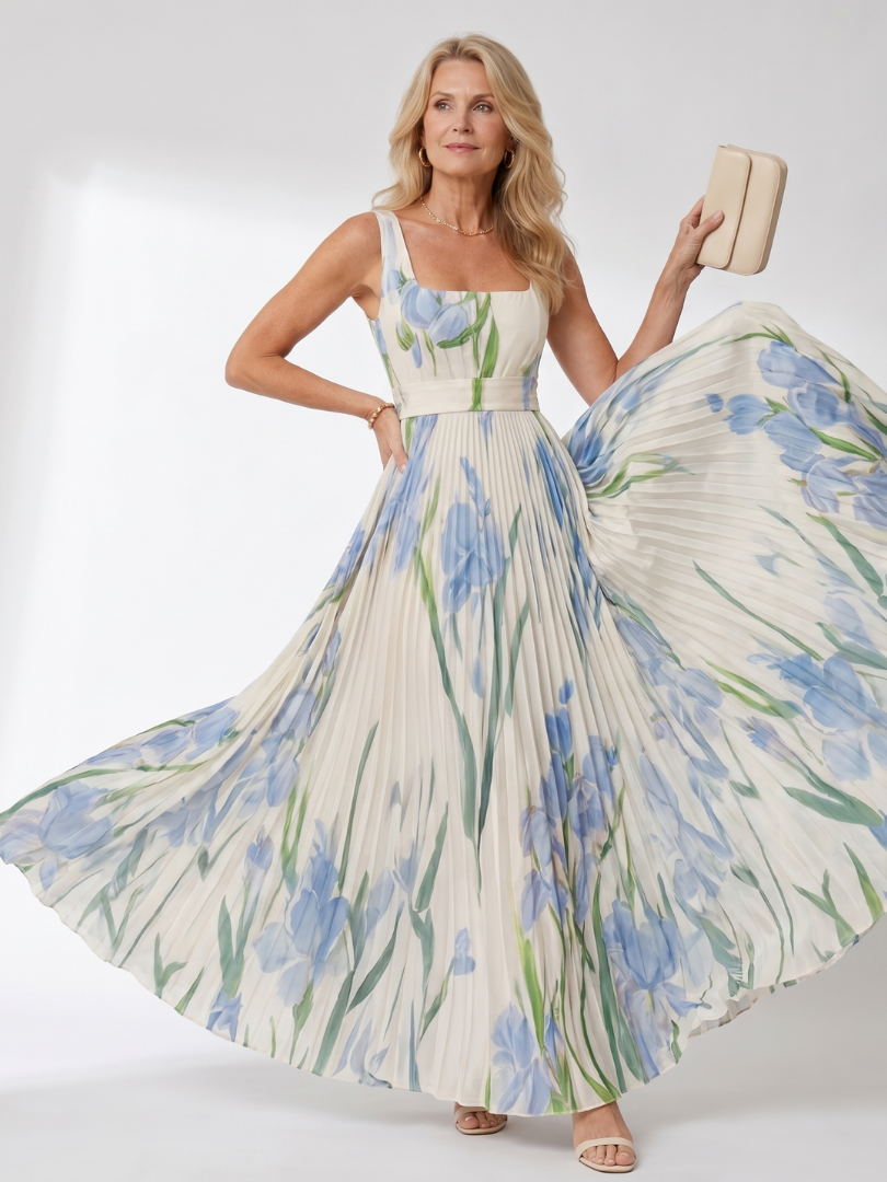 Vimele | Vestido Midi Sin Mangas con Cuello Cuadrado y Pliegues