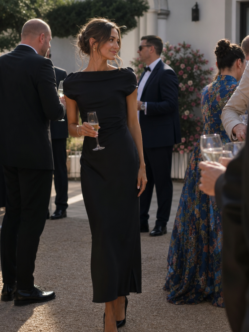 Elure | Vestido midi ajustado de manga corta y escote barco