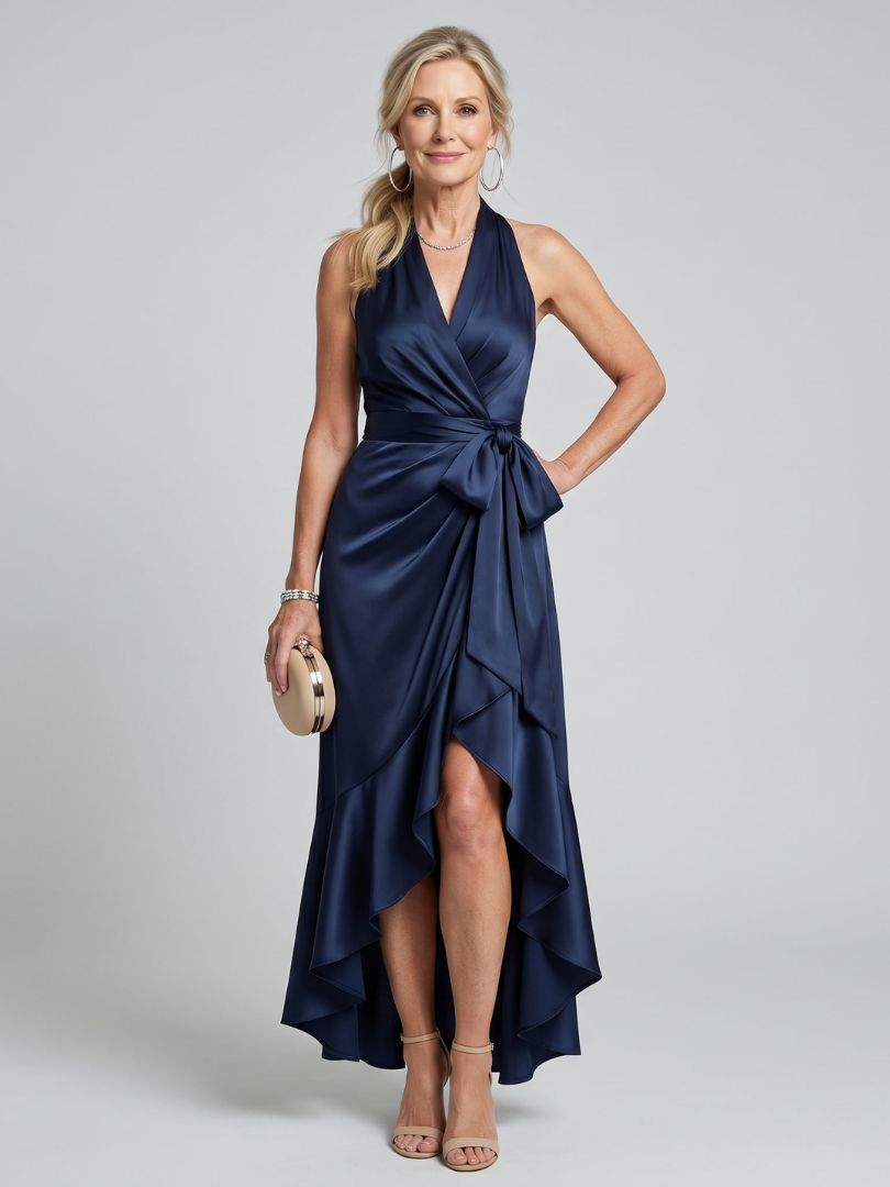 Honora | Vestido Midi Asimétrico con Cuello Halter