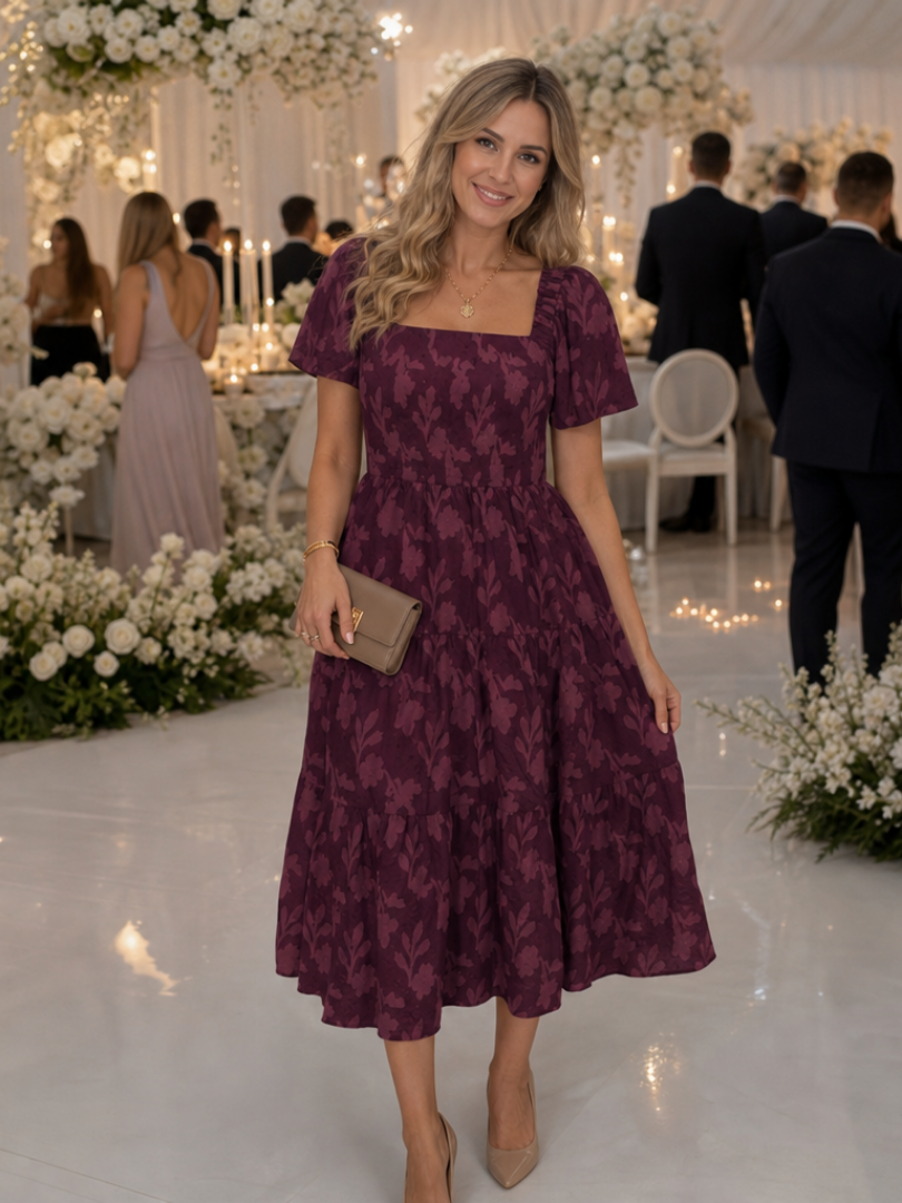 Elaria | Vestido midi con detalle floral texturizado de manga corta