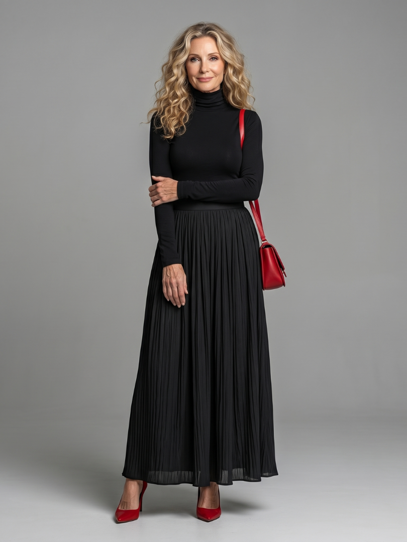 Lana | Vestido Midi de Cuello Alto y Manga Larga con Cintura Definida