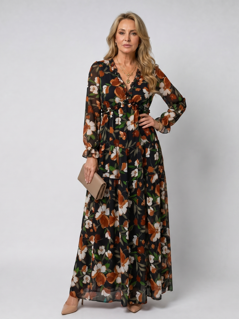 Camelo | Vestido Largo Maxi de Manga Larga con Estampado Floral